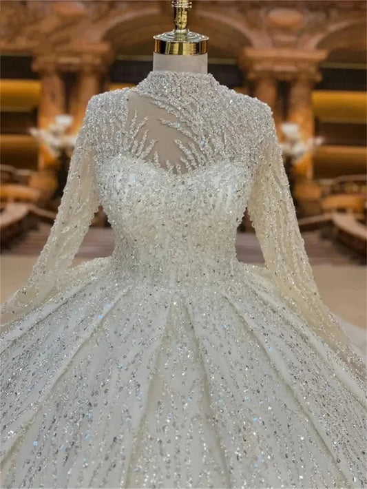 Customized Arabic Ball Gown Wedding Dress | Sophisticated "Flavinke" Silhouette | High-Neck Long Sleeve Bridal Gown with Beads & Sequins | "Dignified" High-Performance Floor-Length Vestidos for Radiant Versatile Styling Luxegan