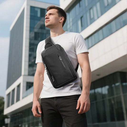 Anti-Theft Men's Chest Crossbody Bag | Sophisticated "High-Capacity Box" Silhouette | Waterproof Oxford Business Satchel | "Dignified" High-Performance USB Sling for Radiant Versatile Styling Luxegan