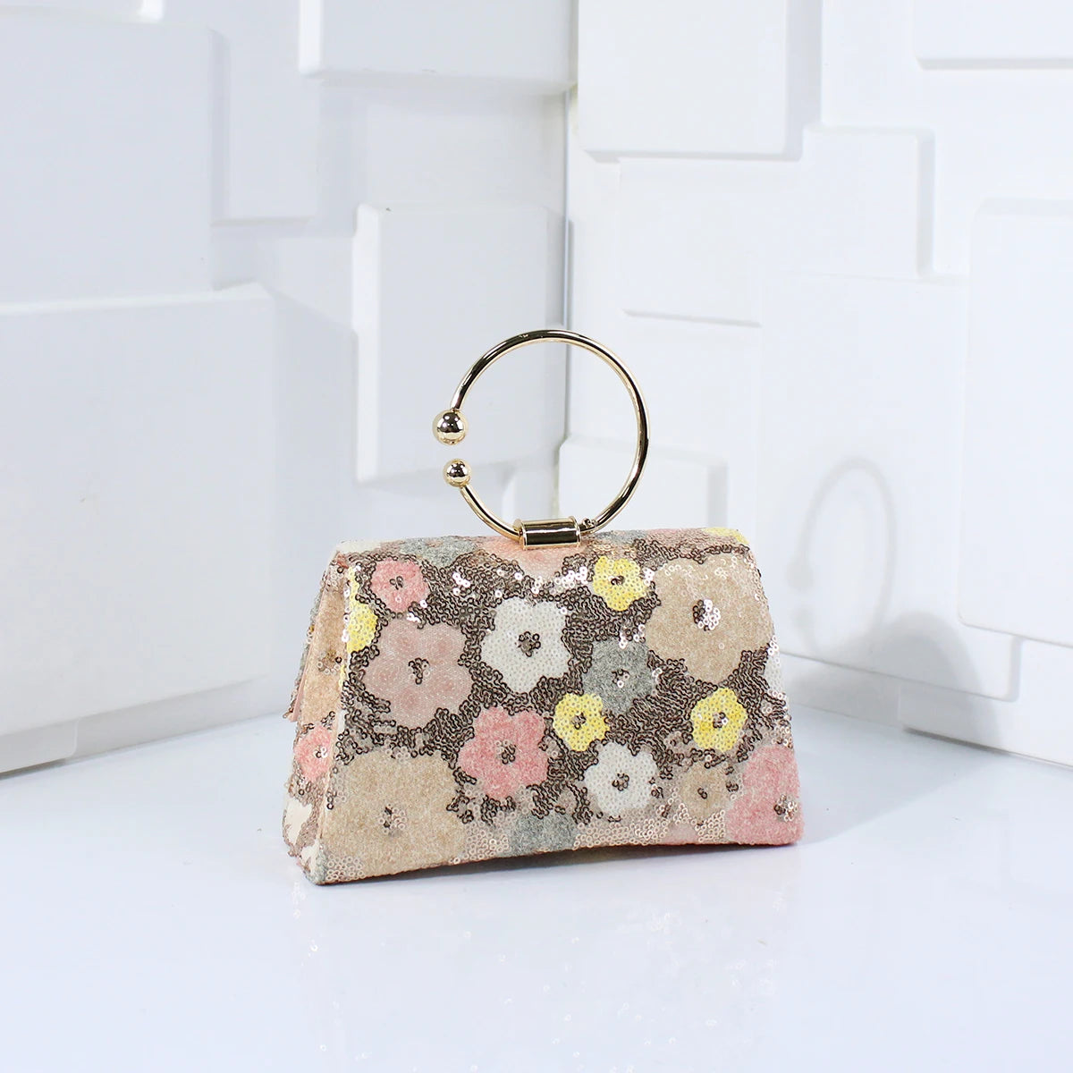 Metal Top Handle Clutch with Sequins & Flowers | Versatile Chain Shoulder Bag for Women Luxegan