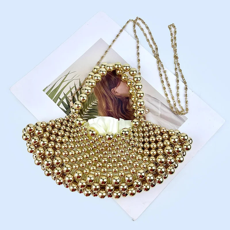 Summer Haute Couture Niche Fan-Shaped Beaded Bag | New Handmade Hollow Pearl Crossbody | Elegant ABS Pearl Hobo & Evening Handbag Luxegan