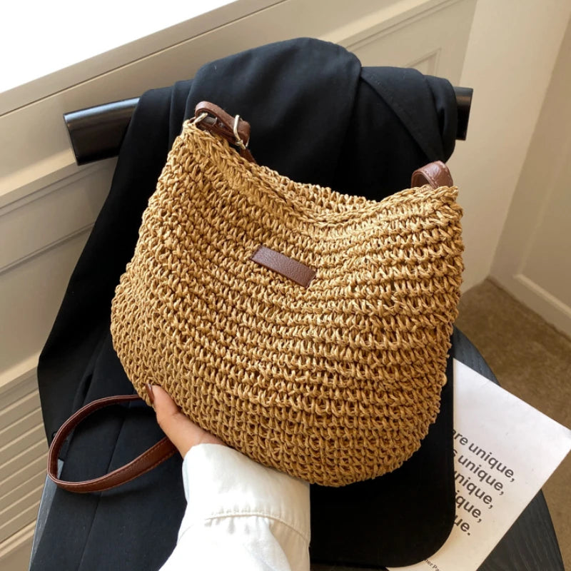 Women’s Fashion Straw Shoulder Bag | Large Capacity Paper Woven Handbag | Casual Summer Beach Tote with Zipper Closure | Minimalist Daily Straw Purse Luxegan