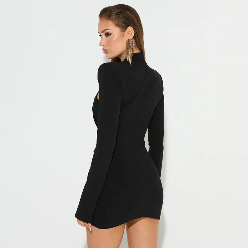 Women's Elegant Autumn Hollow-Out Short Evening Dress | Slim Fit Mock Neck Long Sleeve Party Dress | Spring/Autumn Solid Color Above-Knee Mini Sheath Dress | Sexy Pullover Clubwear Luxegan
