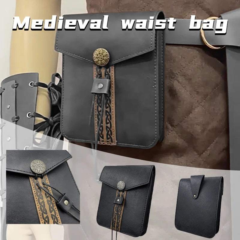 Bolso de cintura medieval Retro Punk, monedero portátil para hombres y mujeres, riñonera, hebilla de cuero estilo vikingo, bolso cuadrado, accesorios de disfraz