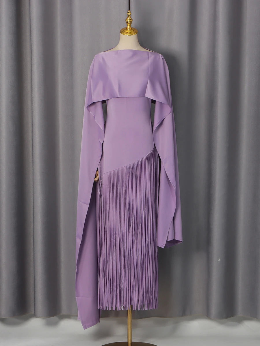 Solid Loose Spliced Tassel Chic Dress for Women | Luxury Elegant O-Neck Summer Maxi Dress | Premium Slight-Stretch Regular Fit Vestido | Model KDRP540319 Sleeveless Ankle-Length A-Line Gown Luxegan