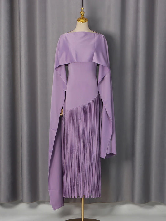 Solid Loose Spliced Tassel Chic Dress for Women | Luxury Elegant O-Neck Summer Maxi Dress | Premium Slight-Stretch Regular Fit Vestido | Model KDRP540319 Sleeveless Ankle-Length A-Line Gown Luxegan
