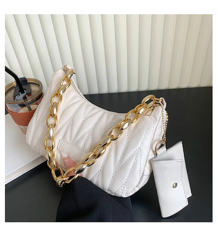 Quilted Ruched Crescent Shoulder Bag | Sophisticated England-Style Chain Handbag | Elegant Half-Moon Purse with Coin Pouch | "Dignified" Soft TPU Carryall for Versatile Daily Styling Luxegan