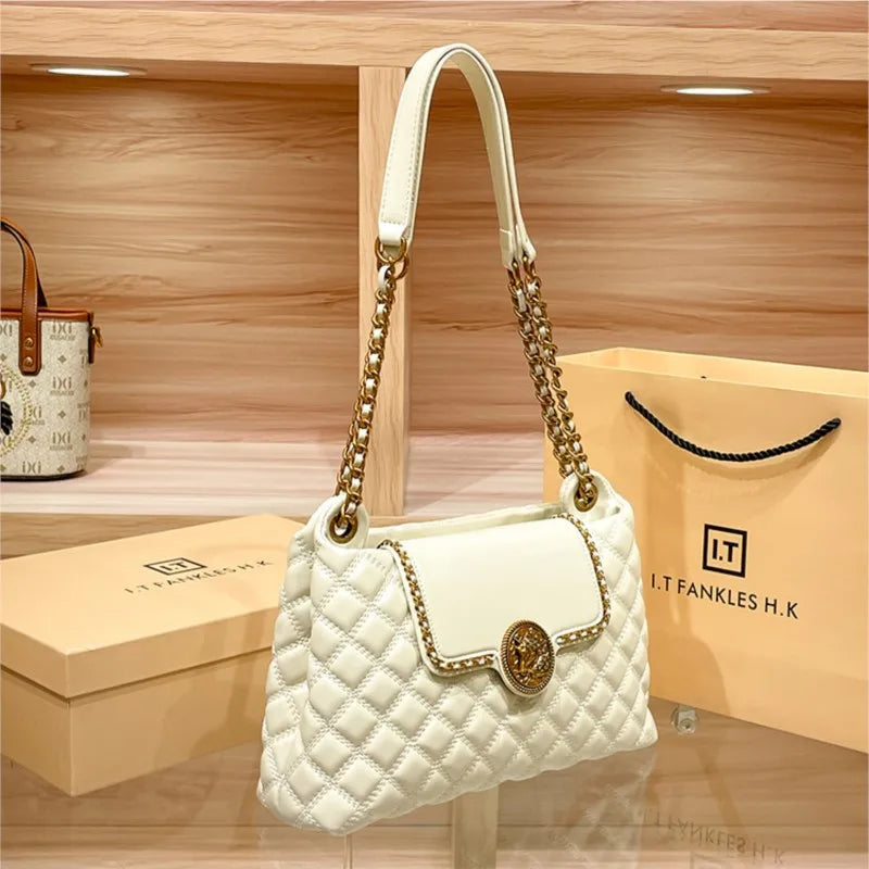 Luxury Genuine Leather Chain Shoulder Bag for Women | New Designer Large Capacity Underarm Handbag (Diamond Lattice) Luxegan