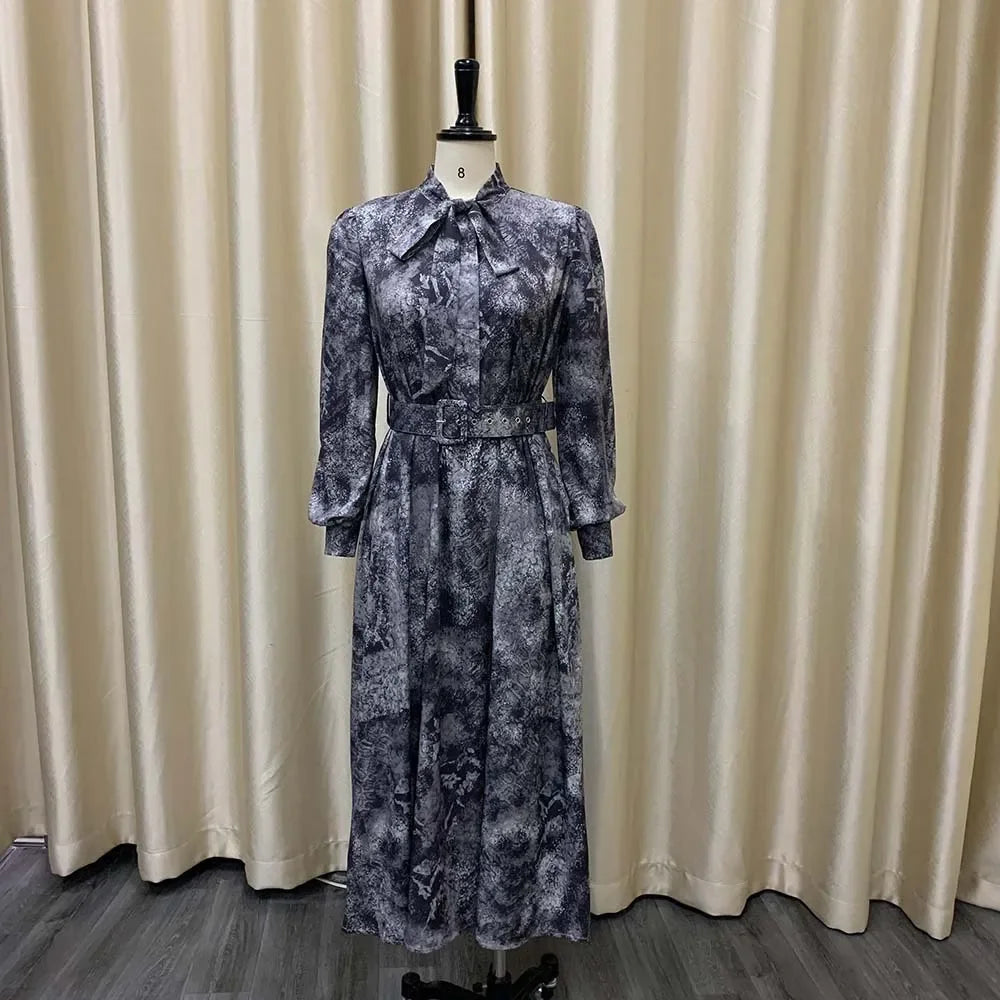 Elegant Vintage Dresses for Women Bow Collar Full Sleeve Belt Waisted A Line Mid Calf Birthday Party Dinner Vestidos Mujer Dress