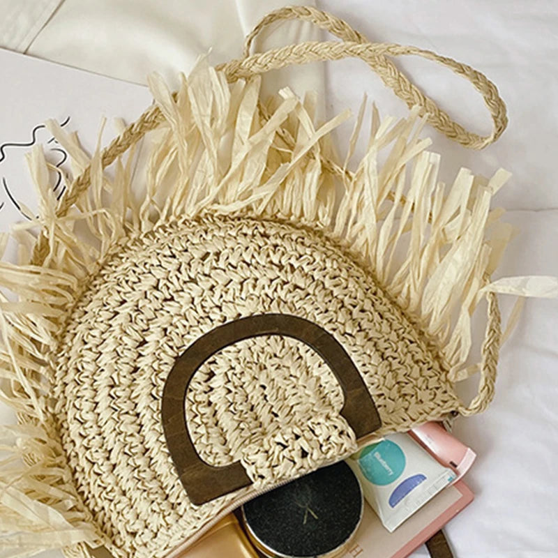 Handmade Semicircle Straw Bag | Sophisticated Woven Bohemian Crossbody | Elegant Holiday Beach Basket | Luxury "Dignified" Casual Shopping Tote with Tassel Decoration Luxegan