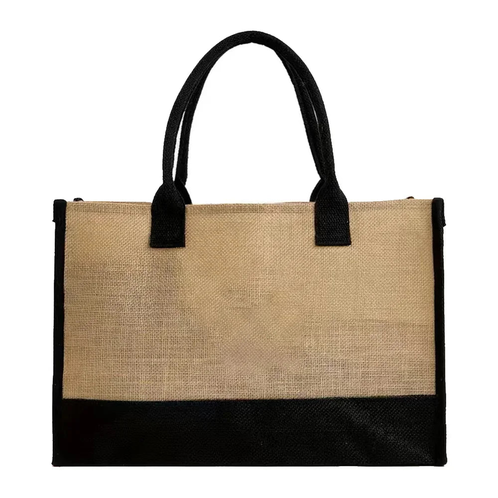 Handmade Jute & Canvas Beach Shopper | Large Capacity Portable Grocery Organizer | Eco-Friendly Woven Women’s Handbag with Golden Flower Pattern Luxegan
