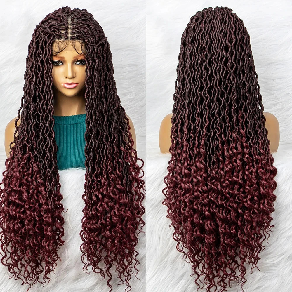 32" Burgundy Curly Dreadlocks Braided Wig | Lace Front with Baby Hair Luxegan