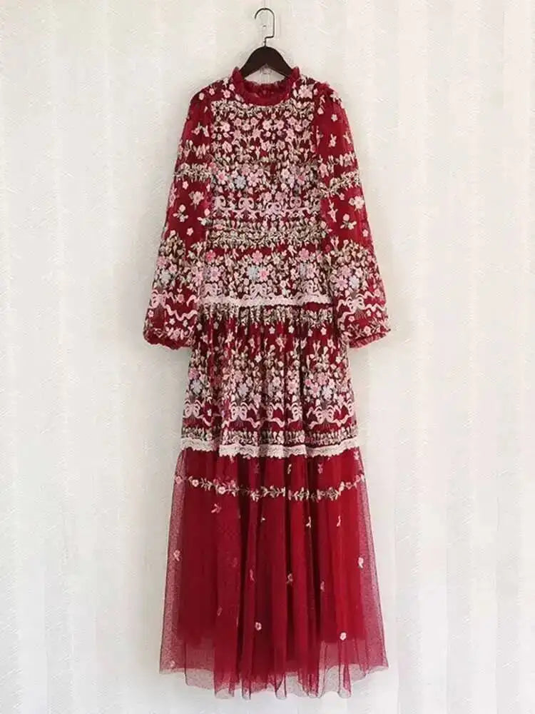 Mesh Embroidery Long Sleeve Maxi Dress | Fairycore Empire Waist Perspective Evening Gown Luxegan