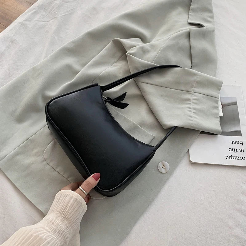 Retro Bow Handbag | Minimalist PU Leather Square Shoulder Bag Luxegan