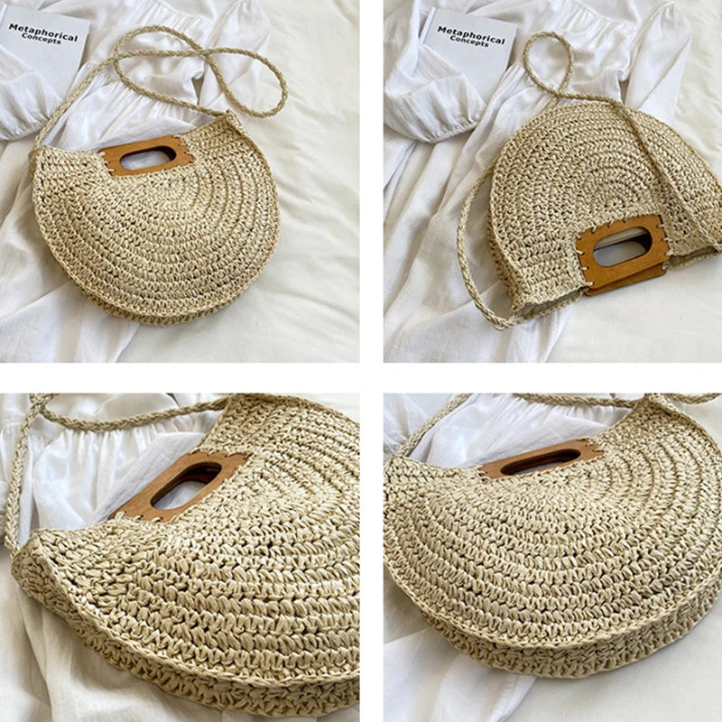 Minimalist Bohemian Half-Moon Straw Tote | Soft Rattan Beach Handbag Luxegan