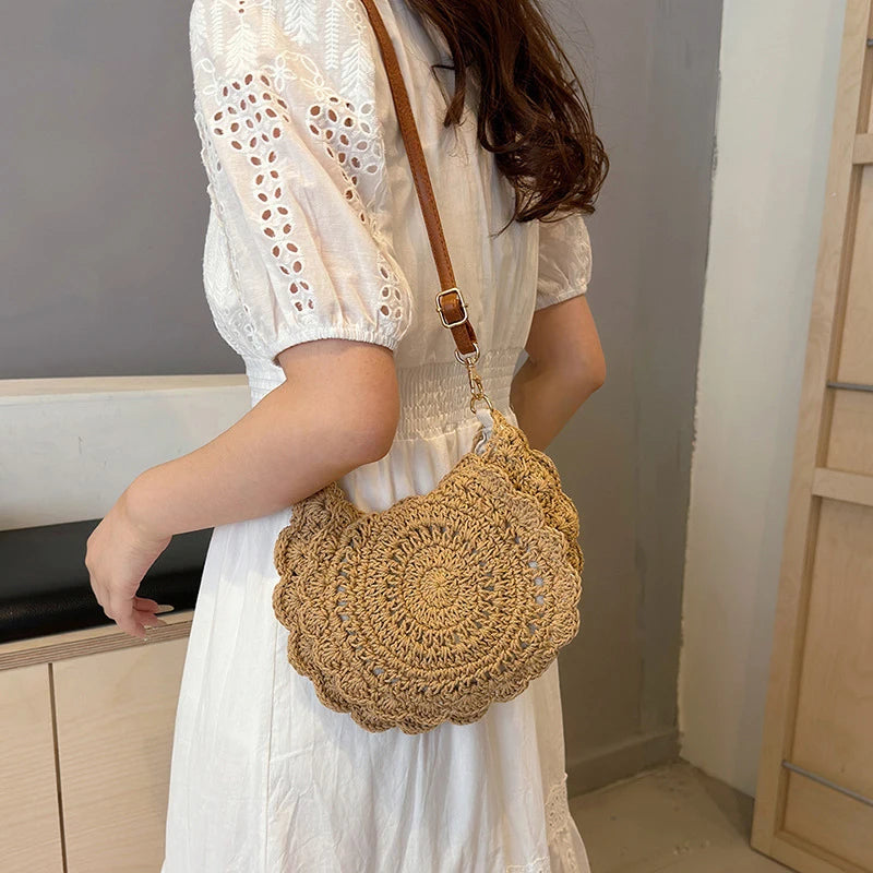 Vintage Woven Handbag | Round Summer Beach Bag & Crossbody Bag Luxegan