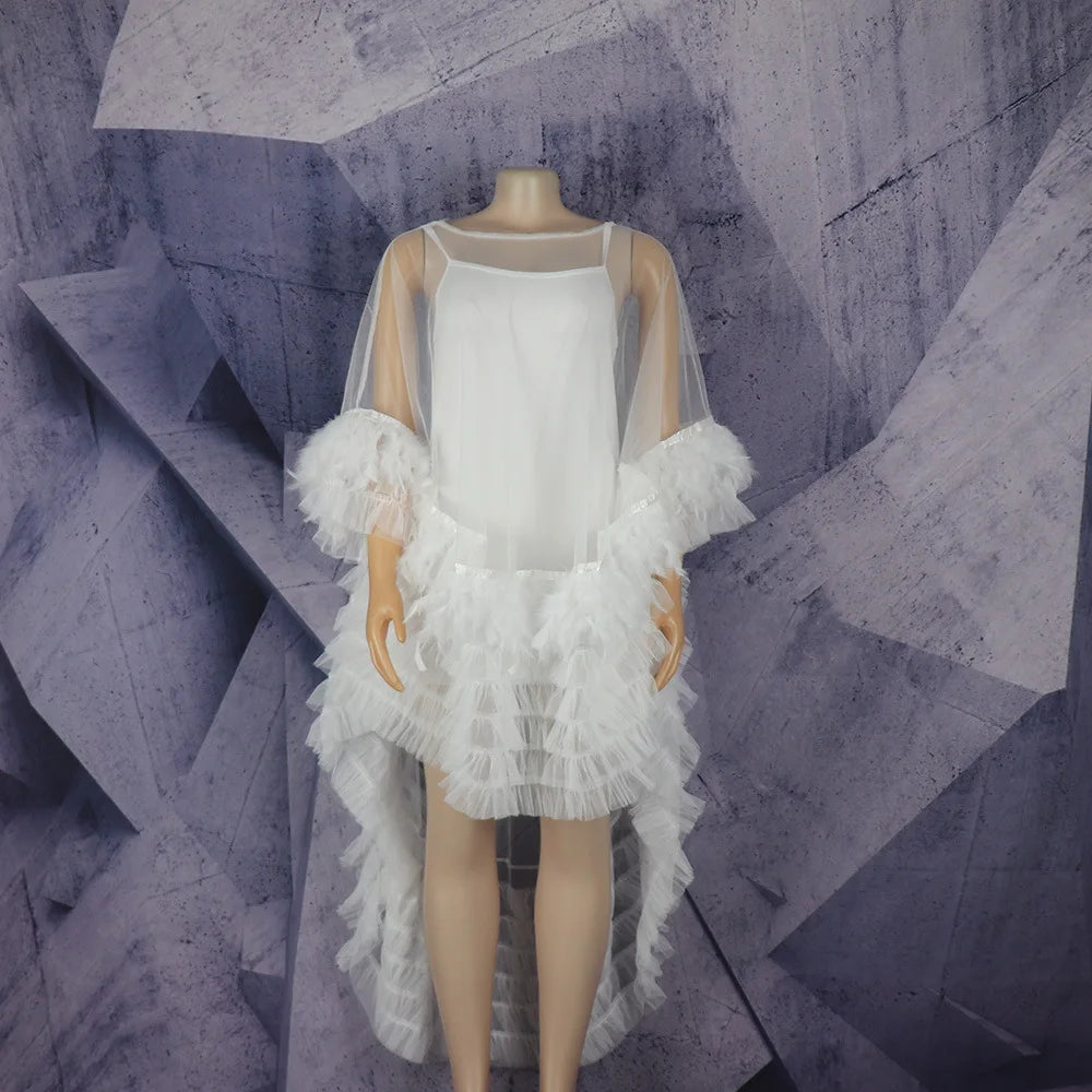Tulle Feather Patchwork Swan Gown Dress | Maxi Train Cape Elegant Y2K Summer Dress Luxegan