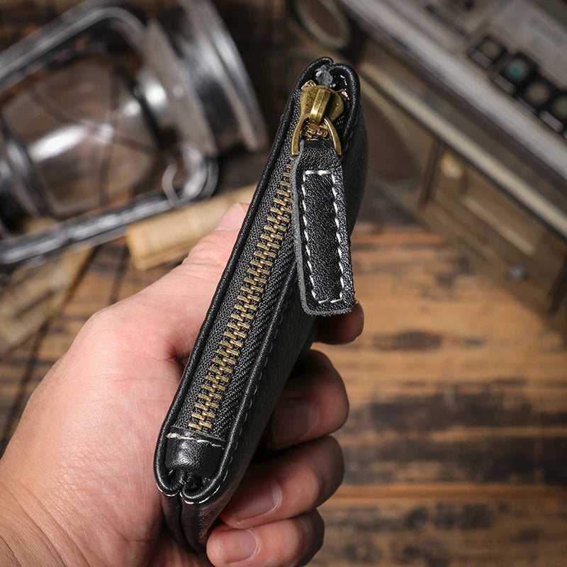 GURO Mini Monedero de Cuero Genuino de Lujo para Hombre, Cartera Corta con Cremallera, Pequeño Estuche de Cuero Vacuno para Mujer, Tarjetero, Bolsas Cuadradas Diarias para Llaves