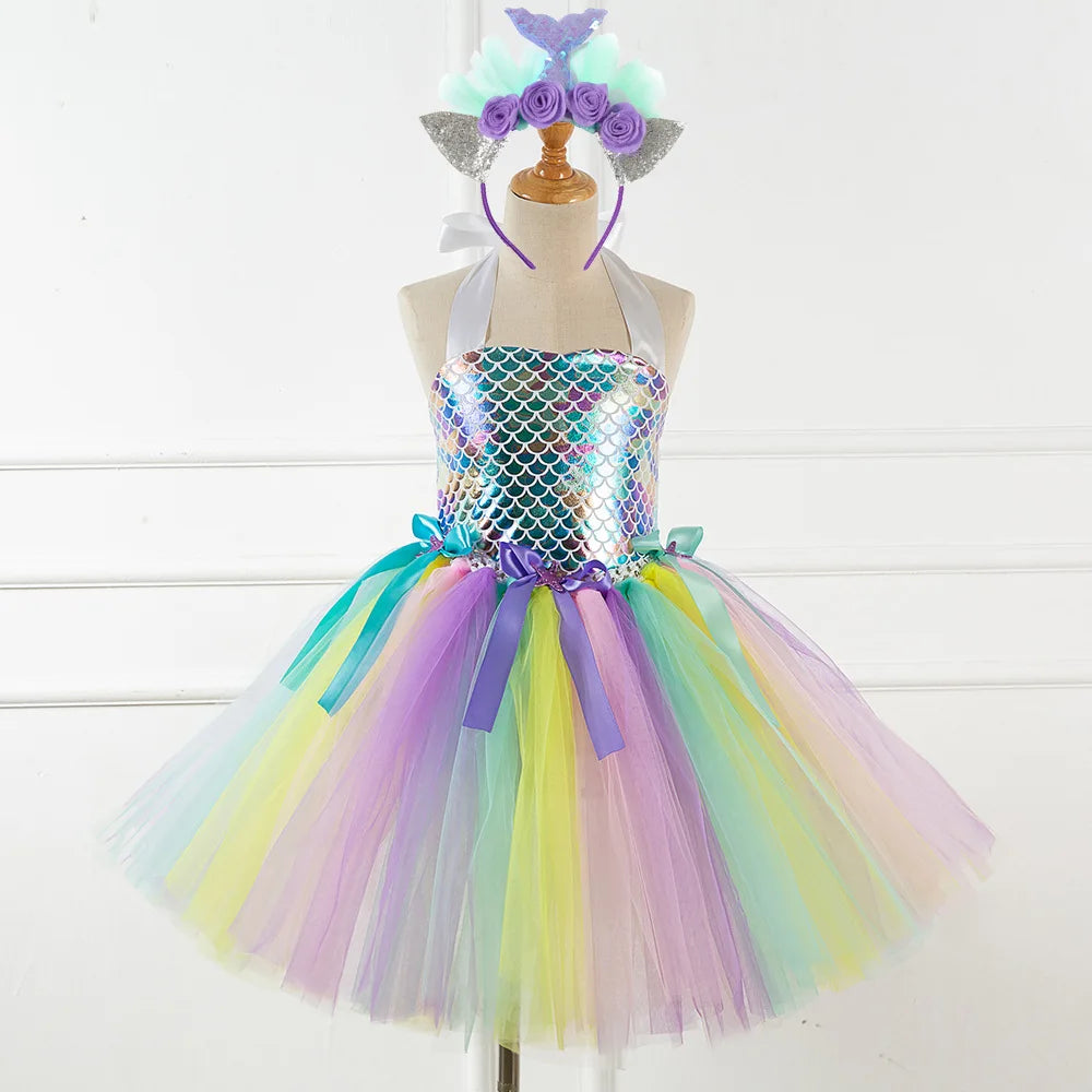 Kids Girls Cosplay Party Dress Princess Dress Up Mermaid Tulle Tutu Dresses Theme Birthday Party Costume with Flower Headband