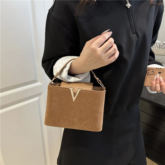 Vintage Mini Faux Suede Satchel | Fashionable Hardware Lock Buckle Handbag | Trendy Quilted & Sequined Shoulder Bag | Women's Small Crossbody Purse with Suede Texture Luxegan 