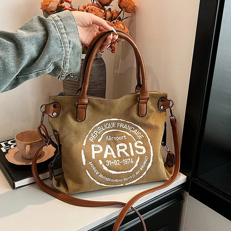 Large Women Stylish Crossbody Bag | Retro Canvas Tote Bag & Vintage Paris Stamp Print Luxegan