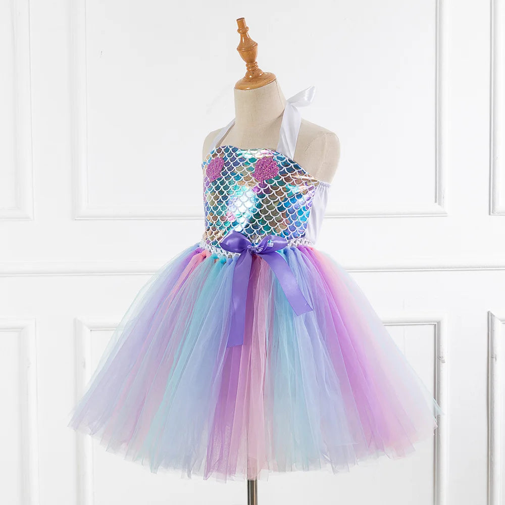 Kids Girls Cosplay Party Dress Princess Dress Up Mermaid Tulle Tutu Dresses Theme Birthday Party Costume with Flower Headband