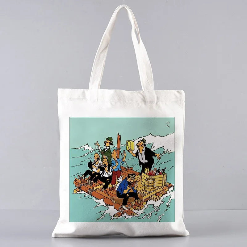 Soft Tintin Cartoon Canvas Large Capacity Tote | Open-Top Shopping Bag Luxegan