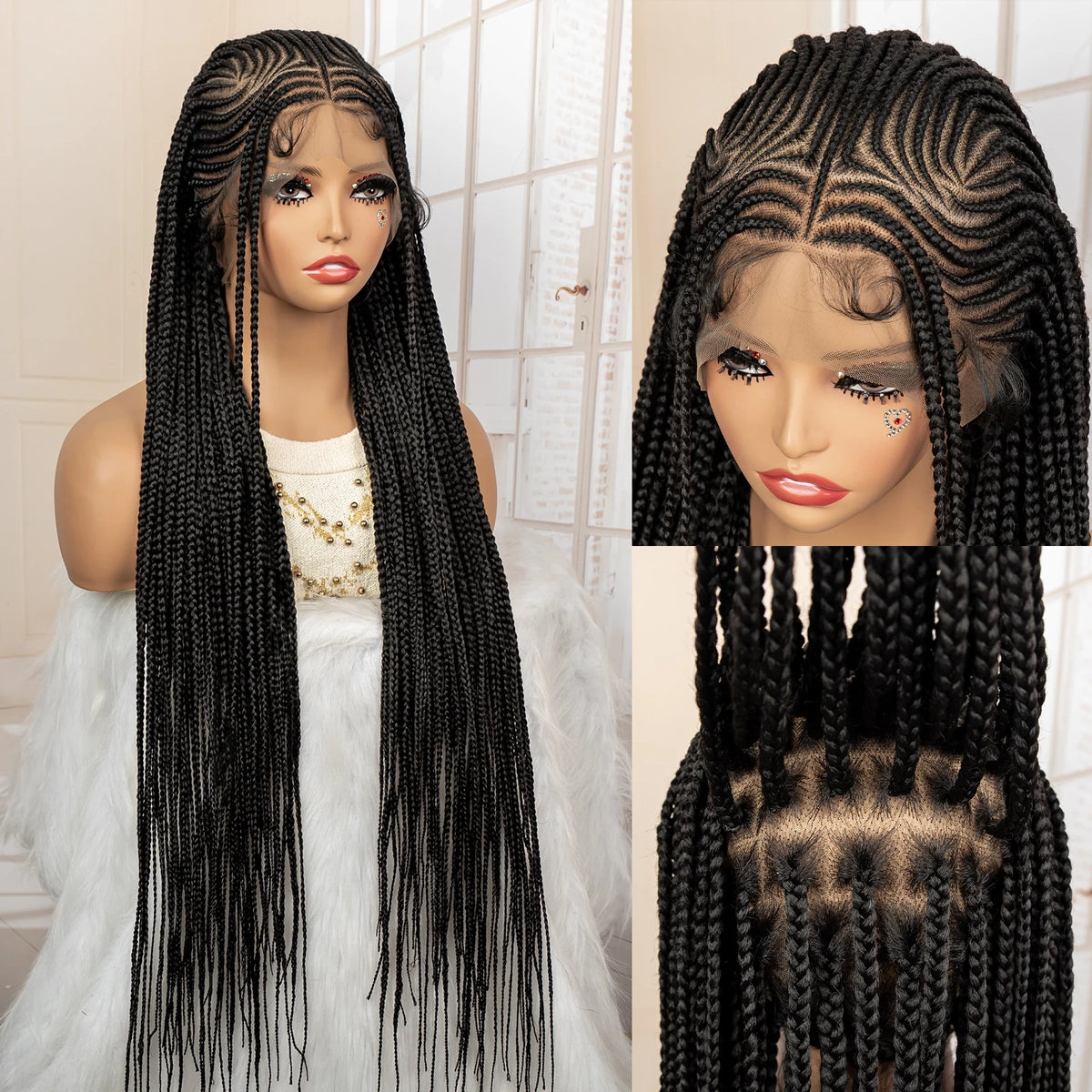 34 Inch Knotless Box Braiding Cornrow Wig | Full Lace | Kanekalon