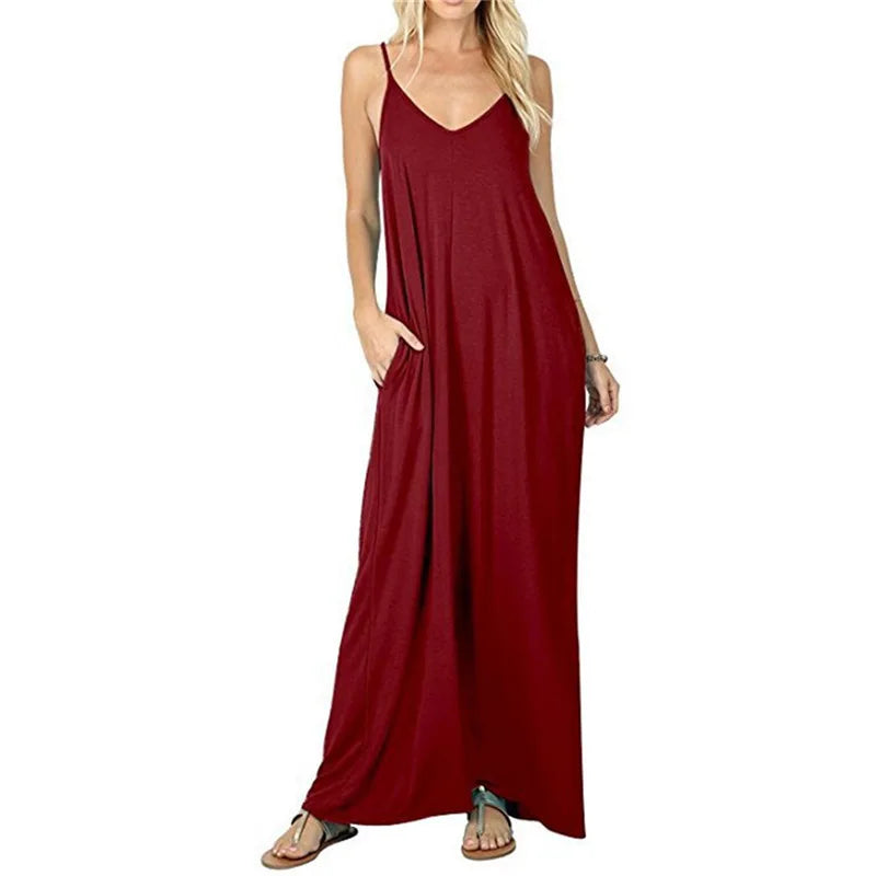 Women's New Summer Couture Line Plain Baggy Dress | Elegant V-Neck Sleeveless Tank Top Dress | Sexy Sling Spaghetti Strap Evening Gown | Premium Medium Stretch Loose Fit Straight Silhouette Floor-Length Camisole Vestido Model A2312088 Luxegan