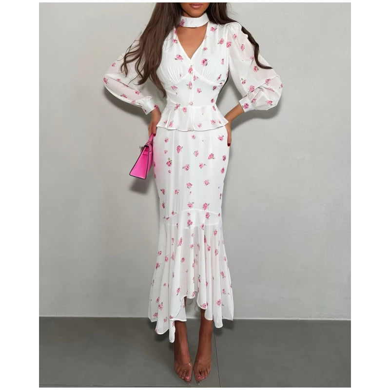 Print Lapel V-Neck Short Sleeve Fit-and-Flare Pleated Mid-Calf Dress – Natural Waist, Slight Stretch, Spring/Summer Luxegan