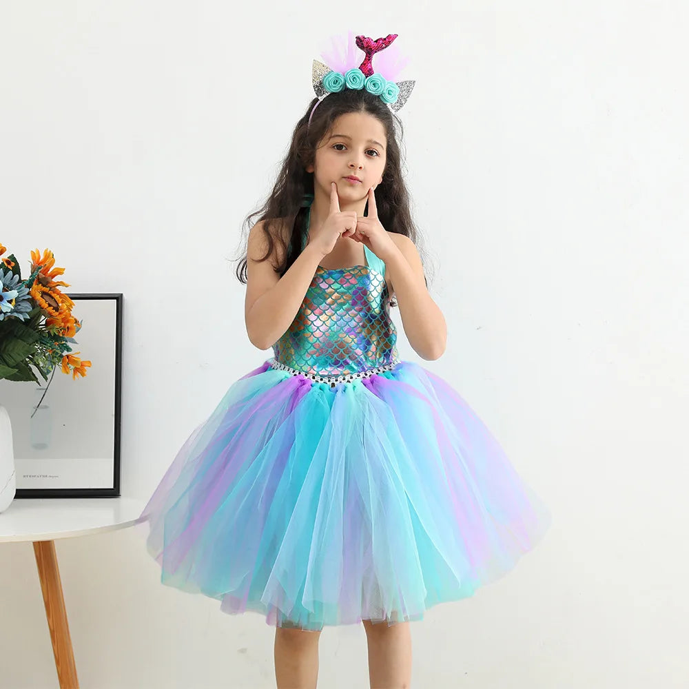 Kids Girls Cosplay Party Dress Princess Dress Up Mermaid Tulle Tutu Dresses Theme Birthday Party Costume with Flower Headband