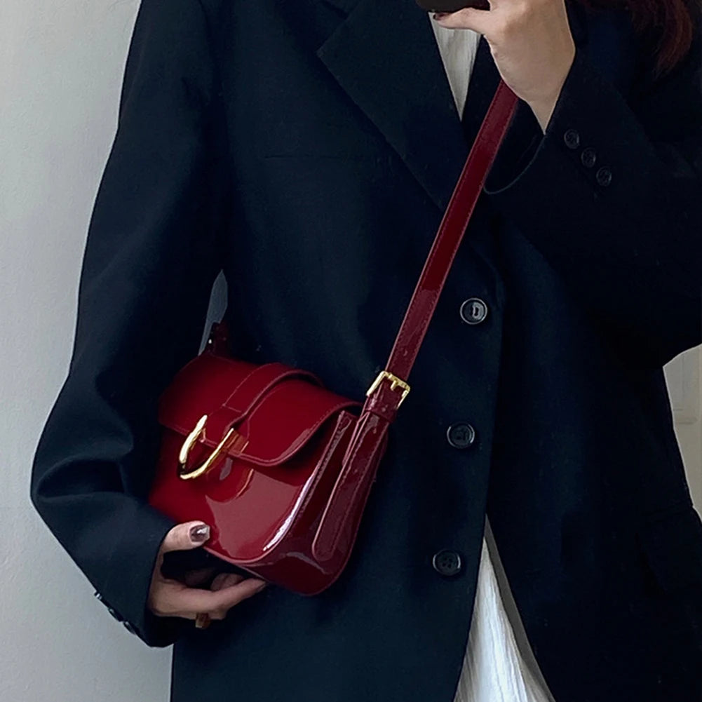 Retro Patent Leather Shoulder Bag for Women | Luxury Flap Crossbody & Solid Color Underarm Bag (Red Lady Handbag Luxegan