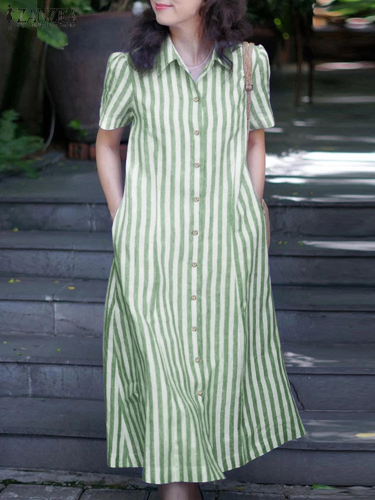 Striped Lapel Shirt Midi Dress | Short Sleeve Button-Down Work & Casual Sundress Luxegan