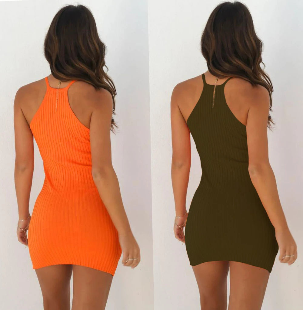 Halter Neck Ribbed Backless Bodycon Mini Dress | Sleeveless Skinny Sexy Club Party Dress Luxegan