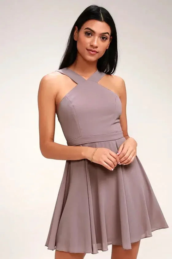 Solid Halter Sleeveless Hollow-Out Loose Fit A-Line Mini Dress – Non-Stretch Chiffon, Empire Waist, Summer Luxegan