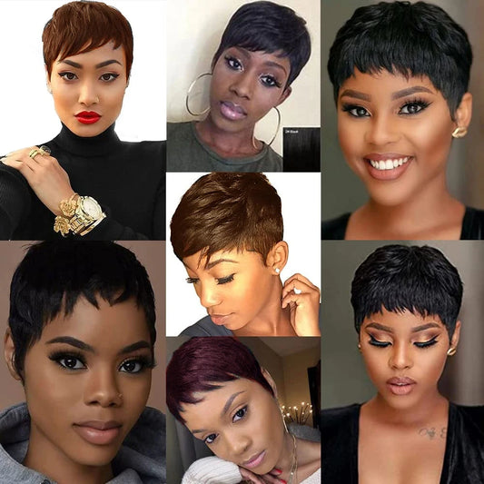 Short Pixie Cut Human Hair Wig | Fully Machine-Made Glueless Brazilian Remy Human Hair Wig | Textured Wavy Pixie Wig in #350 Copper, 99J Burgundy, #30 Honey Brown, and Classic Black for Women Luxegan