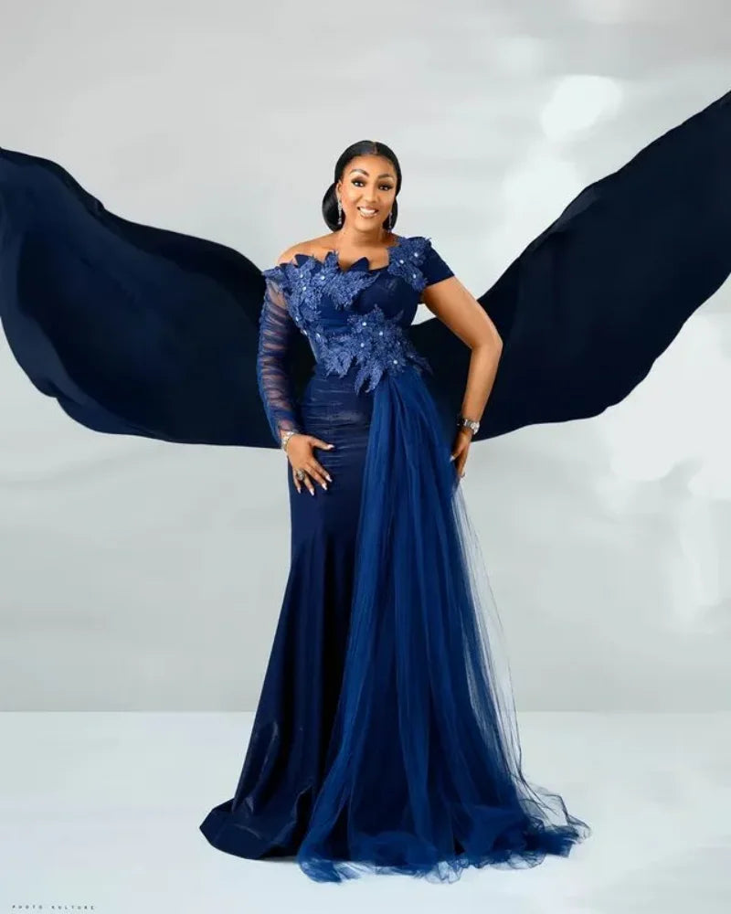 Aso Ebi Arabic Navy Blue Mermaid Evening Dress | Crystals Lace Formal Party Gown | One-Shoulder Full-Sleeve Customized Mother of the Bride Gown Luxegan