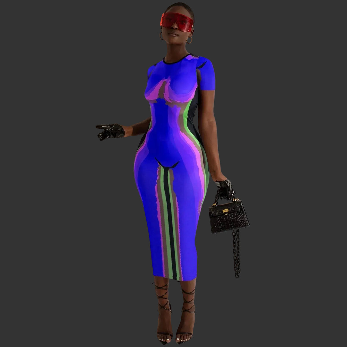 3D Print Round Neck Short Sleeve Regular Fit Pencil Ankle-Length Dress – Empire Waist, Summer Luxegan