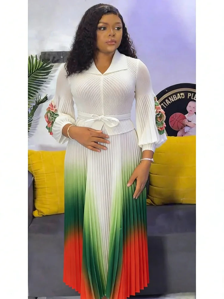 Gradient Pleated Miyake A-Line Dress for Women | Elegant Lapel Lantern Sleeve Belted Slimming Dress | Premium High-Stretch Mid-Calf Office Lady Dress | Model ER66 9R66 All-Season Pullover Gown Luxegan