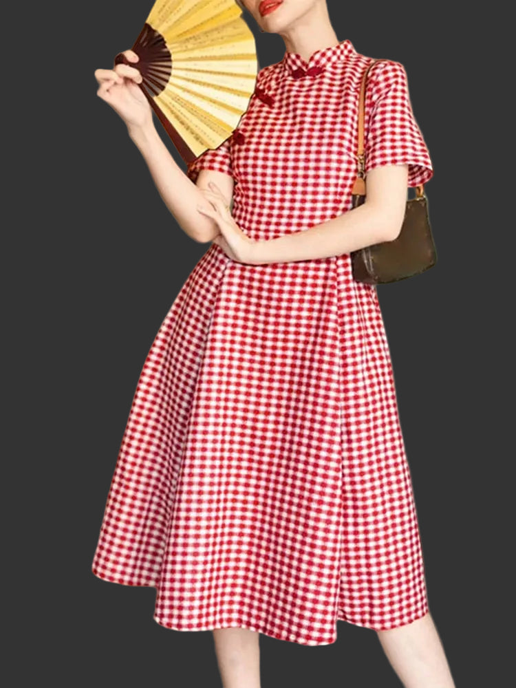 Plaid Stand Collar Short Sleeve Frog Button Regular Fit A-Line Mid-Calf Dress – Empire Waist, Summer Luxegan