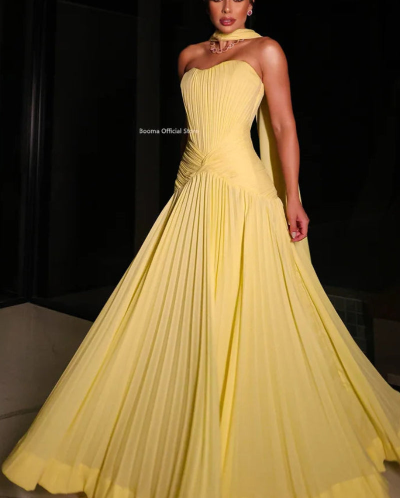 Women's A-Line Yellow Evening Dress | Elegant Pleated Formal Prom Gown | Classic Strapless Floor-Length Evening Dress | Premium Chiffon Sleeveless Custom Made Robe Model M2-250925-11 Luxegan