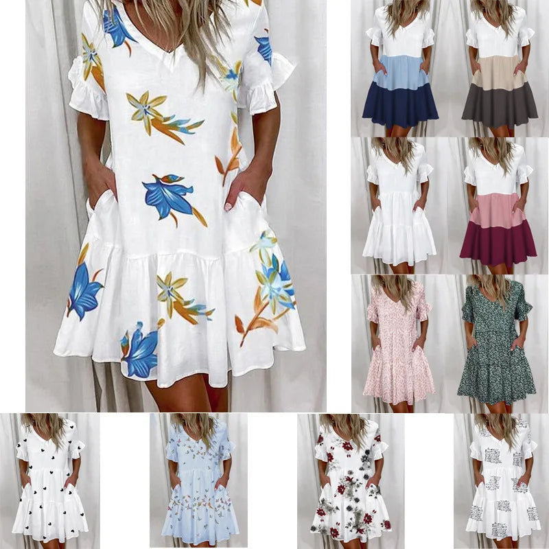 Plaid & Print V-Neck Butterfly Sleeve Regular Fit A-Line Mini Dress – Natural Waist, Spring/Summer Luxegan