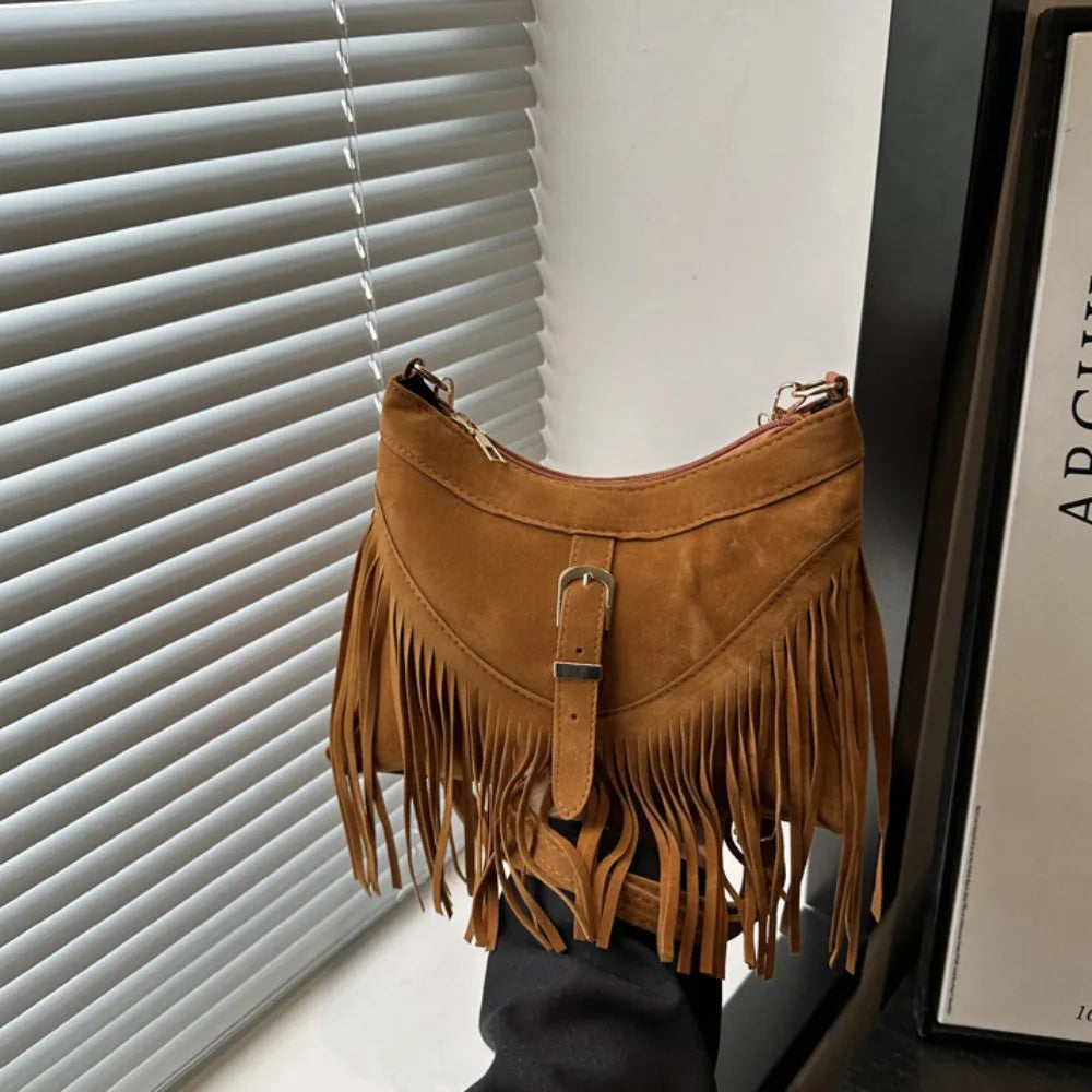 Casual Korean Tassel Shoulder Bag | Solid Color Suede & PU Leather Underarm Pack | Ethnic Bohemian Style Travel Handbag (Women) Luxegan
