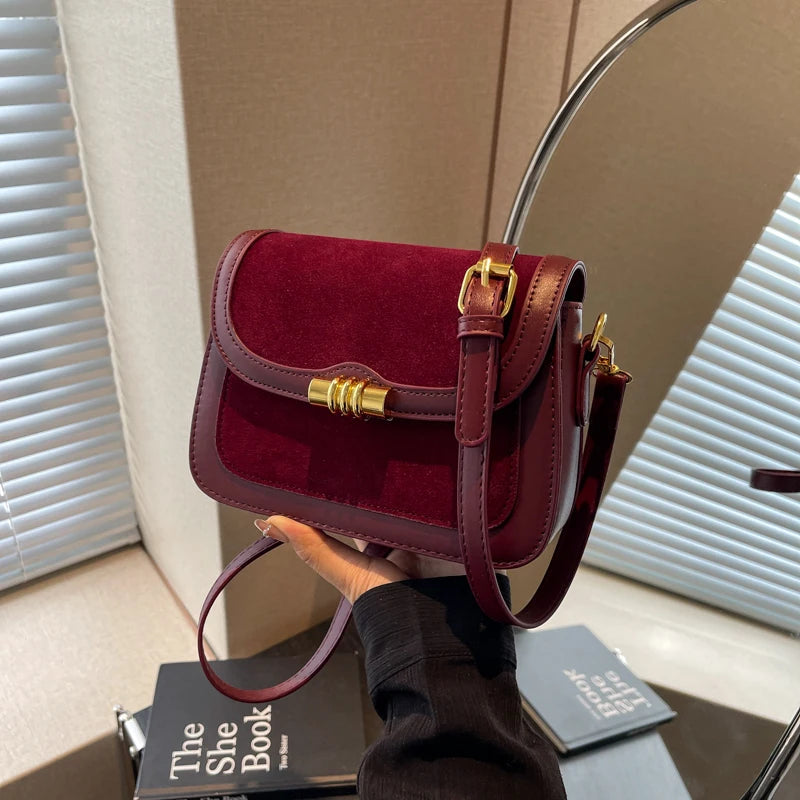 High-Quality Burgundy Retro Frosted PU Splicing Crossbody Bag Luxegan