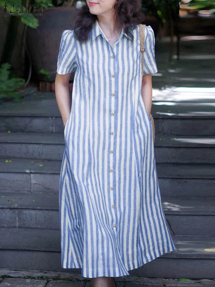 Striped Lapel Shirt Midi Dress | Short Sleeve Button-Down Work & Casual Sundress Luxegan