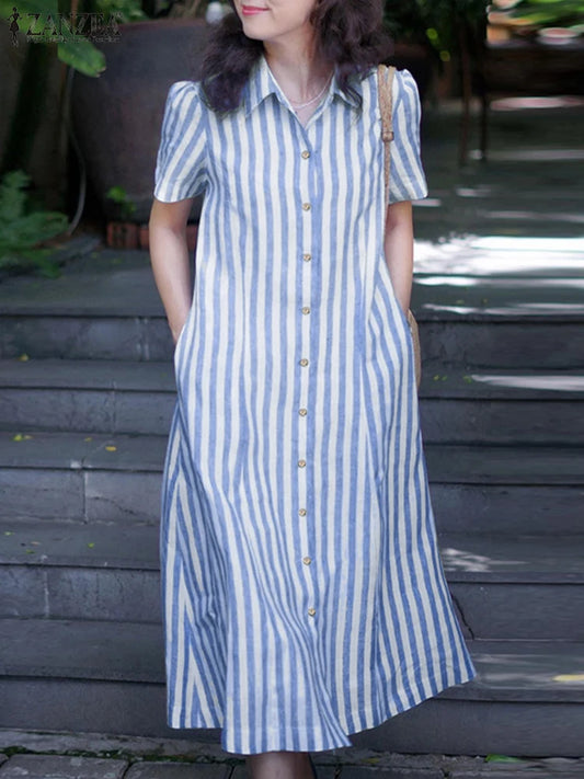 Striped Lapel Shirt Midi Dress | Short Sleeve Button-Down Work & Casual Sundress Luxegan