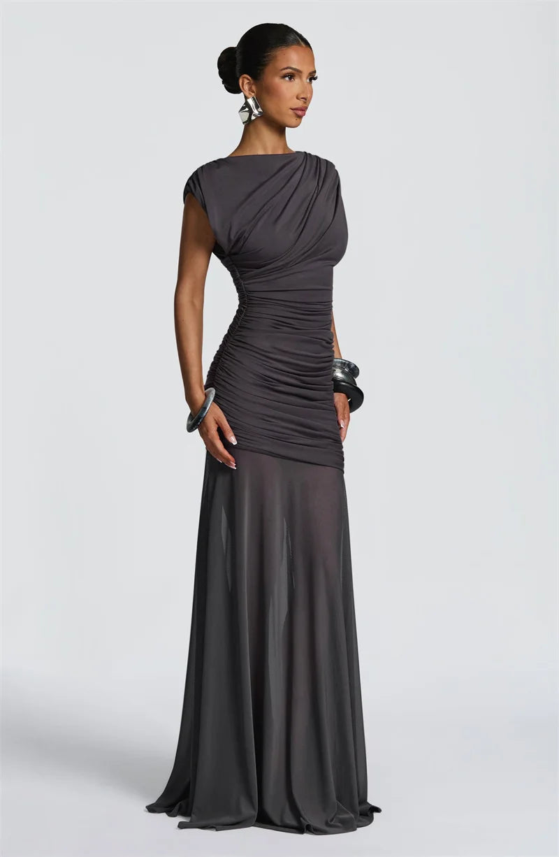 Women's Elegant Patchwork Mesh Maxi Dress | Sexy O-Neck Sleeveless Evening Gown | High Waist Slim Fit Ruched Club Party Long Dress | Premium High-Stretch Floor-Length Vestido Luxegan