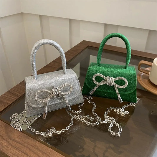 Glitter Small Square Handbag | PU Leather Bow Design Shoulder Bag Luxegan