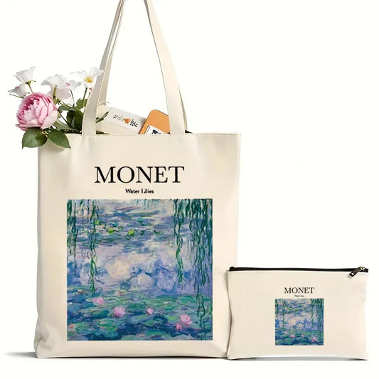 Monet Water Lilies Canvas Shoulder Bag | Sophisticated Kawaii Harajuku Shopping Tote | Elegant Art-Inspired Shopper Handbag | "Dignified" Durable Square Purse for Versatile Daily Styling Luxegan