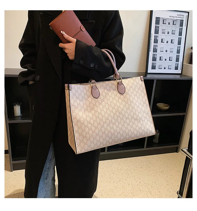 Retro European & American Large-Capacity Tote | Classic Letter Print PU Leather Shoulder Bag - view 4