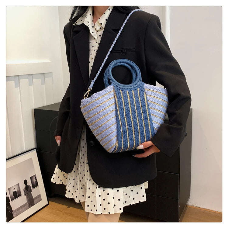 Large Capacity Straw Braid Handbag | Fashion Color-Matching Striped Shoulder Bag | Designer Style Casual Tote & Versatile Summer Beach Bag for Women Luxegan
